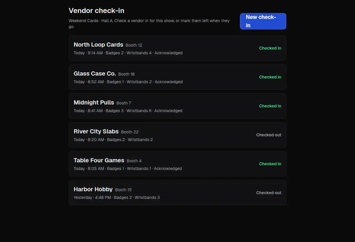 Vendor check-in list with demo booths, badge counts, and who is still on site.