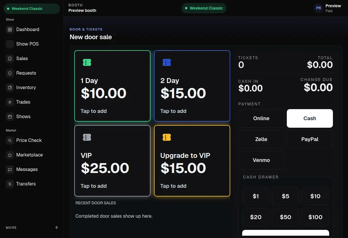 Door POS with 1 Day, 2 Day, VIP, and upgrade tiles.