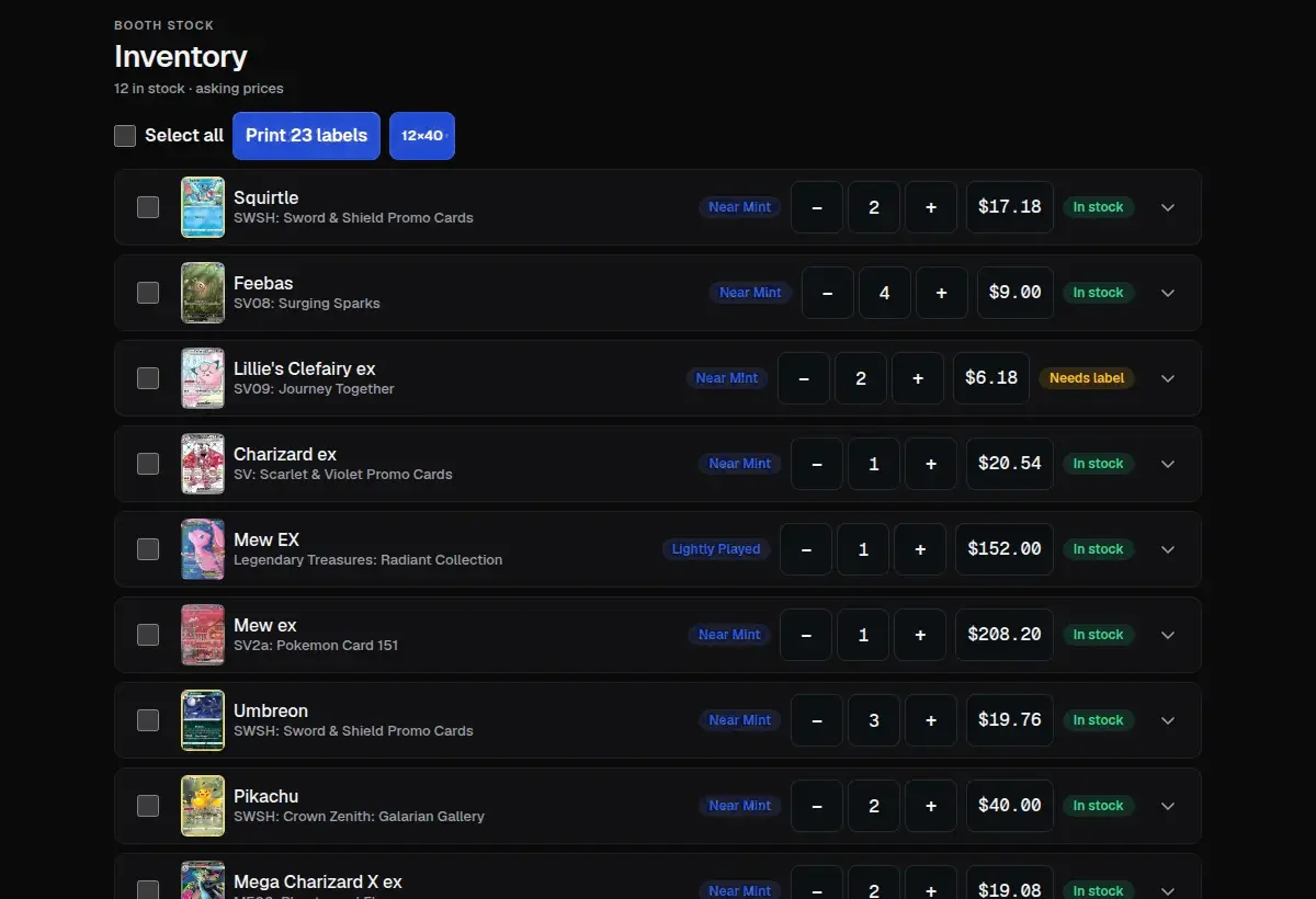 Inventory list with demo cards and their asking prices.