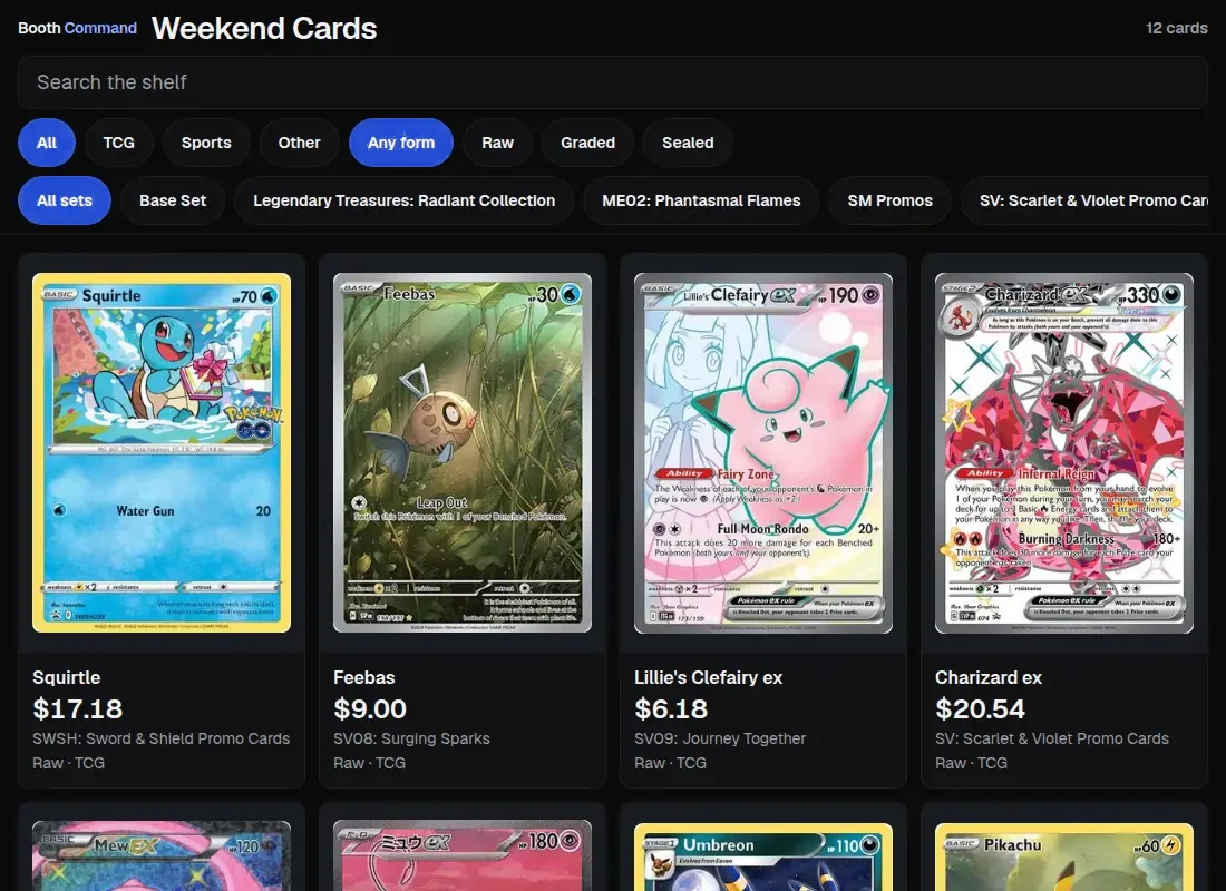 Booth kiosk showing in-stock cards and asking prices.