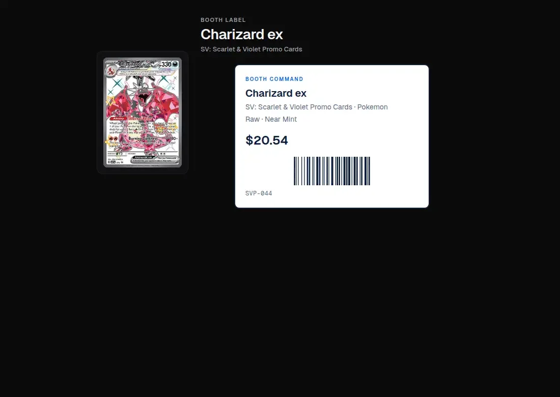 Booth label for a demo card, with the asking price and a barcode.