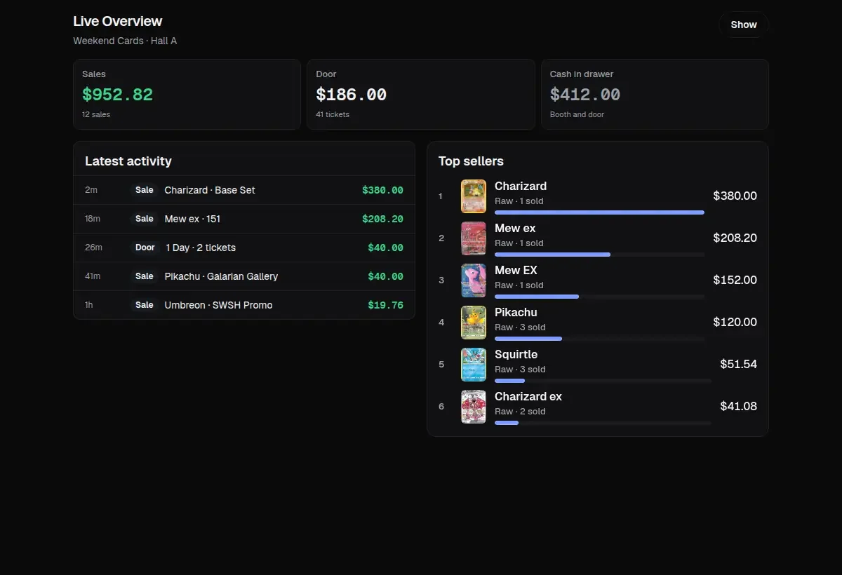 Live show dashboard with demo sales, door tickets, and drawer totals.